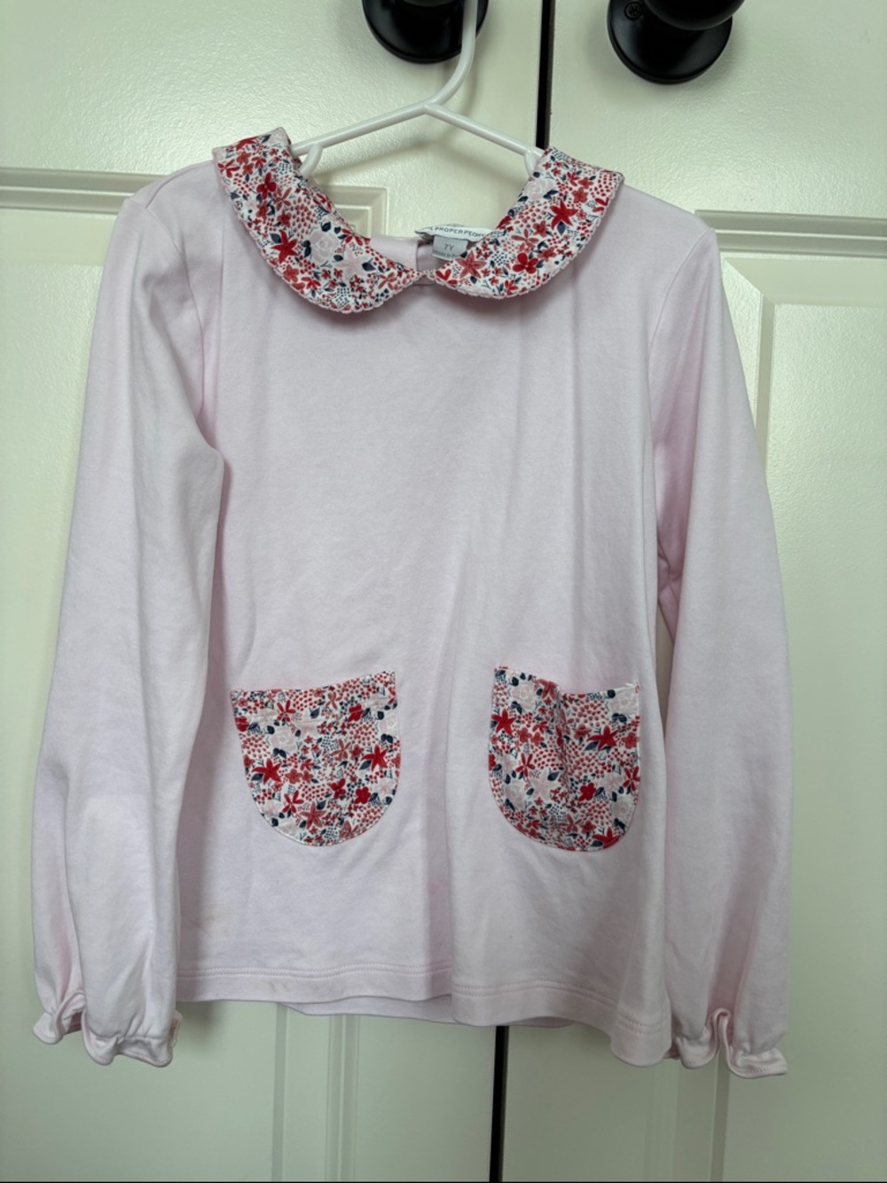 Girls' Light Pink Long-Sleeve Top with Floral Peter Pan Collar